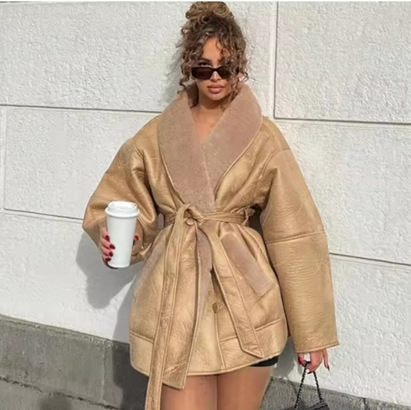 Jackets & Blazers - Winter Thick Plush Women PU Leather Jackets With Belts